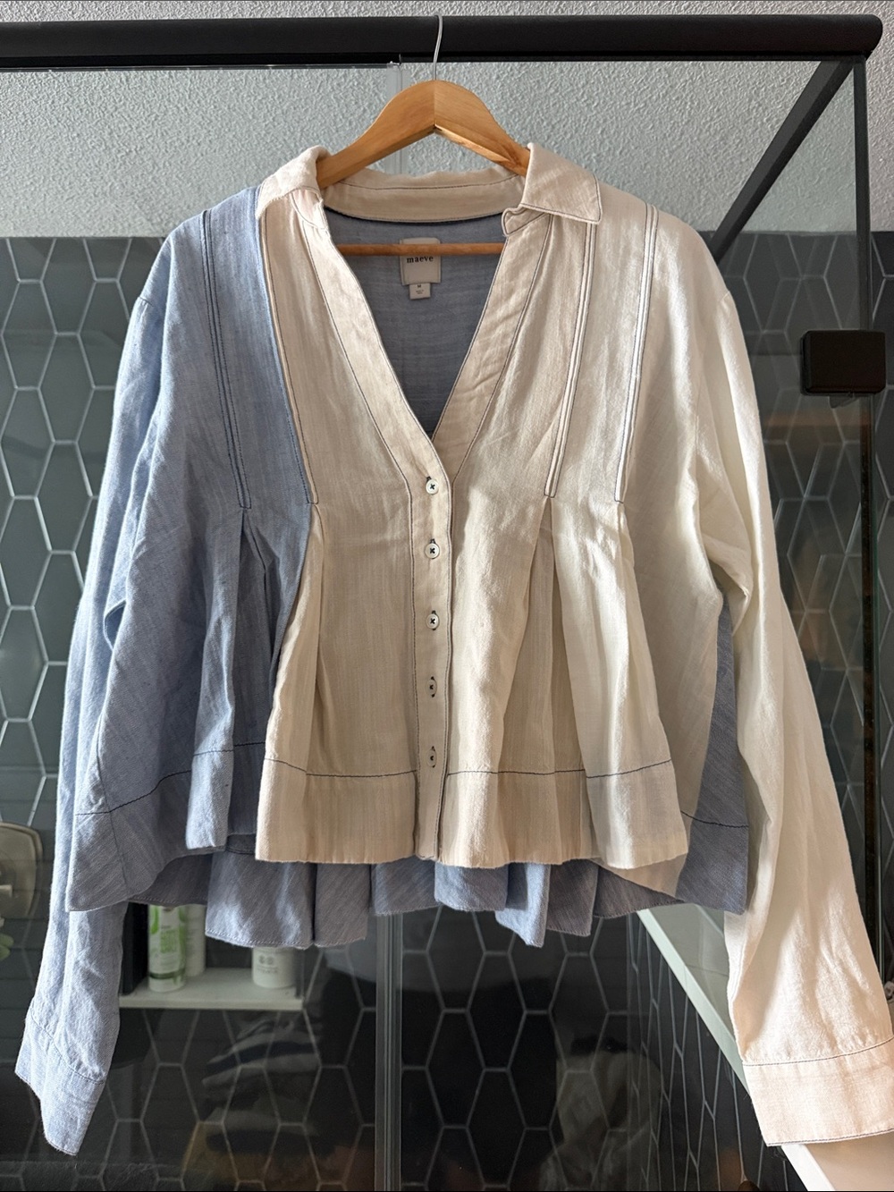 Maeve Light Blue and Cream Button-Front Top